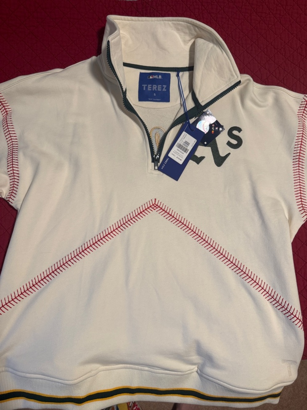Terez White Half-Zip A's MLB Sweatshirt with Red Stitching